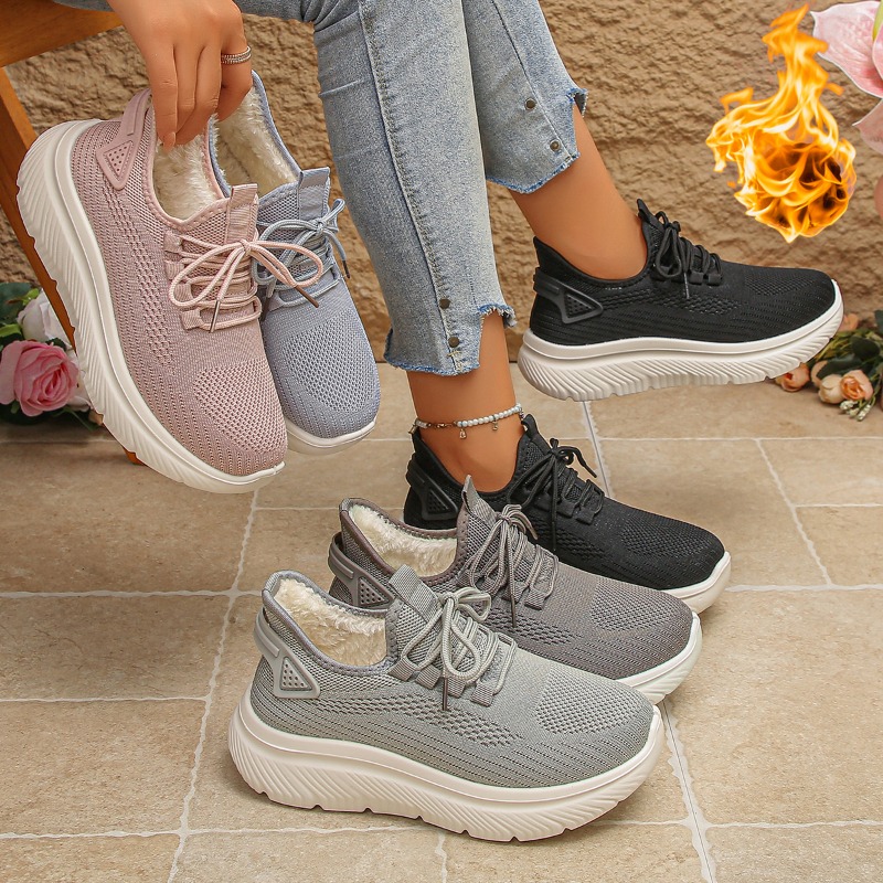 Knit Fabric Lace Up Sneakers - Женские кроссовки для прогулок на открытом
